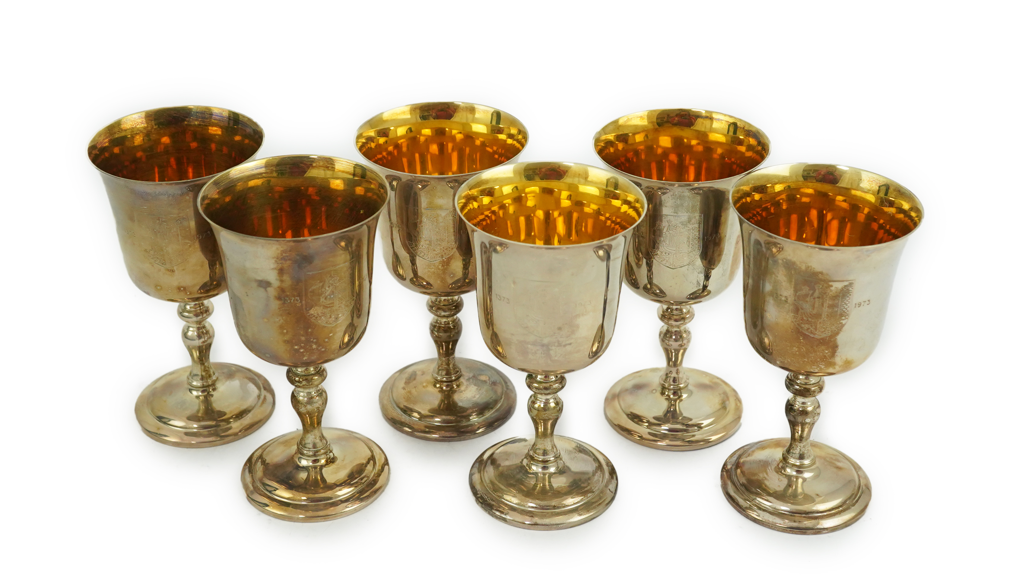 A cased set of six limited edition Elizabeth II silver Bristol Charter 600th Anniversary commemorative goblets by Barker Ellis Silver Co